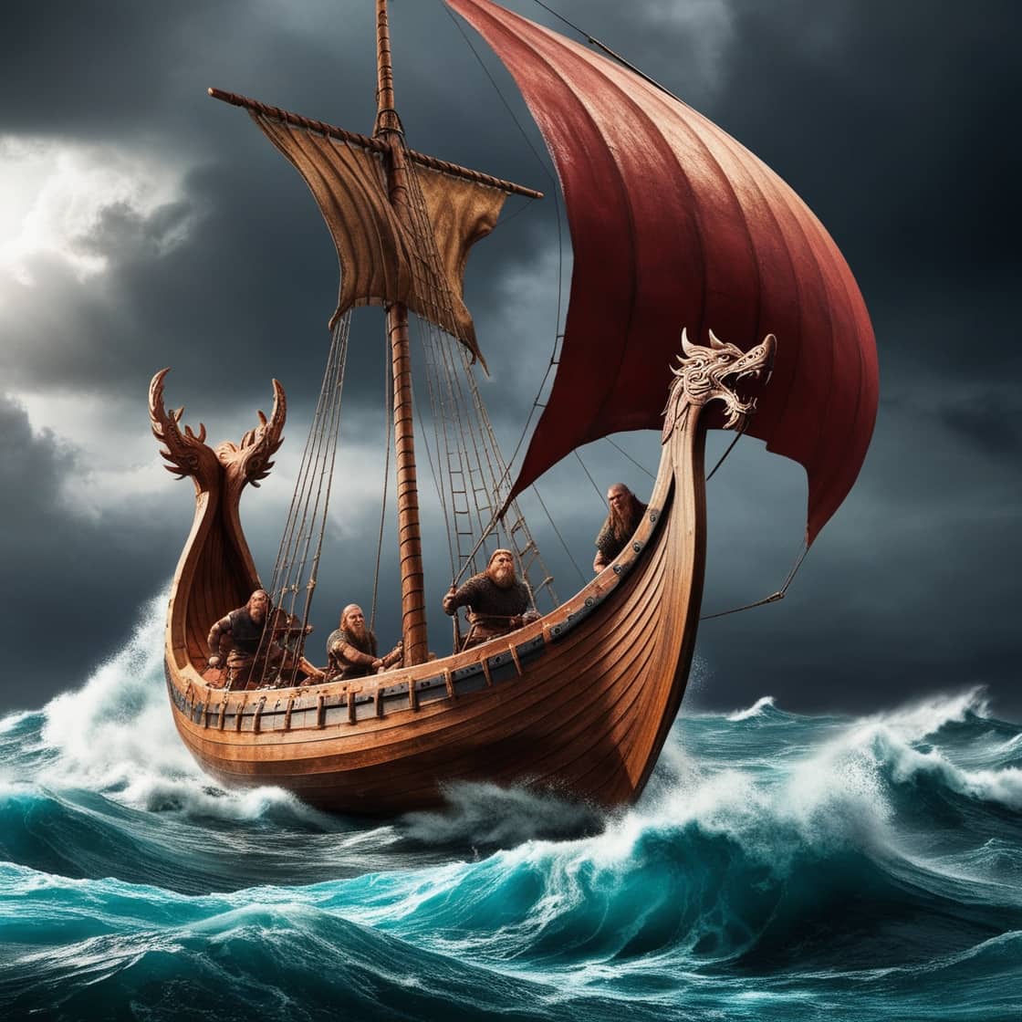 vikings on ship in heavy seas